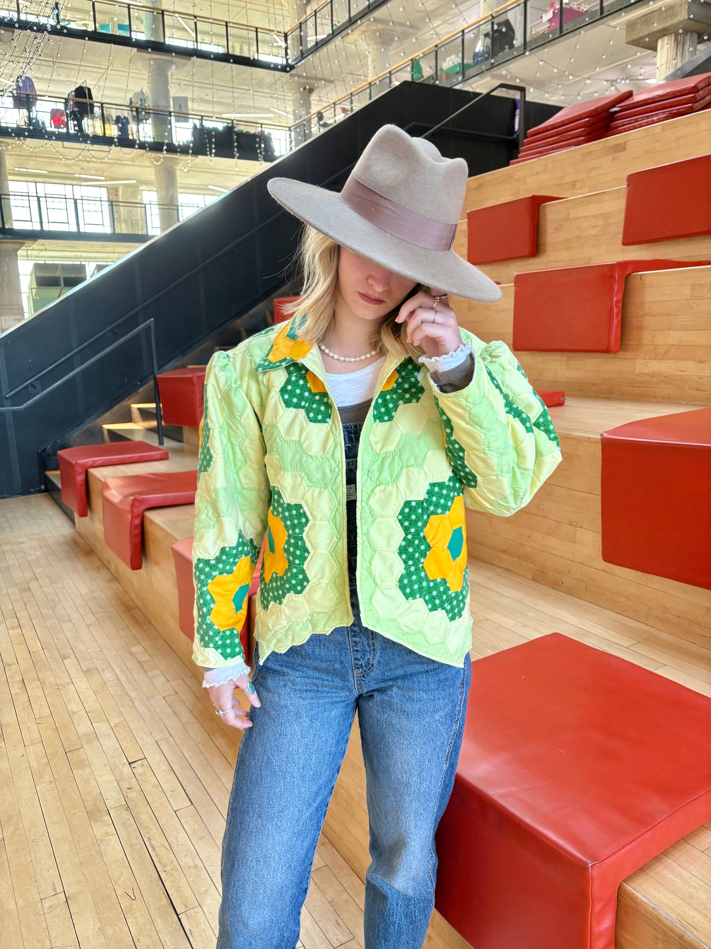 Green and Yellow Flower Cropped Quilt Coat