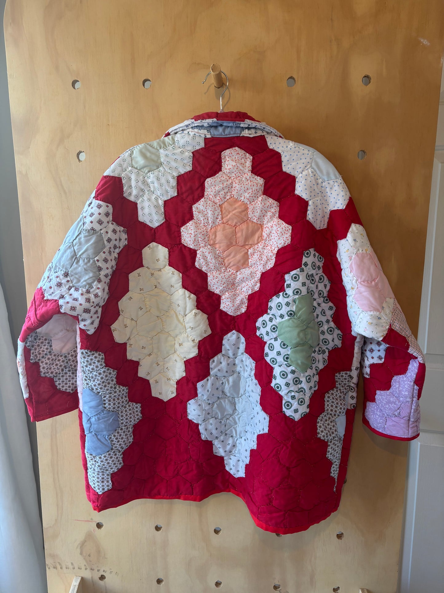 Red and Pastel Patchwork Diamond Quilt Coat
