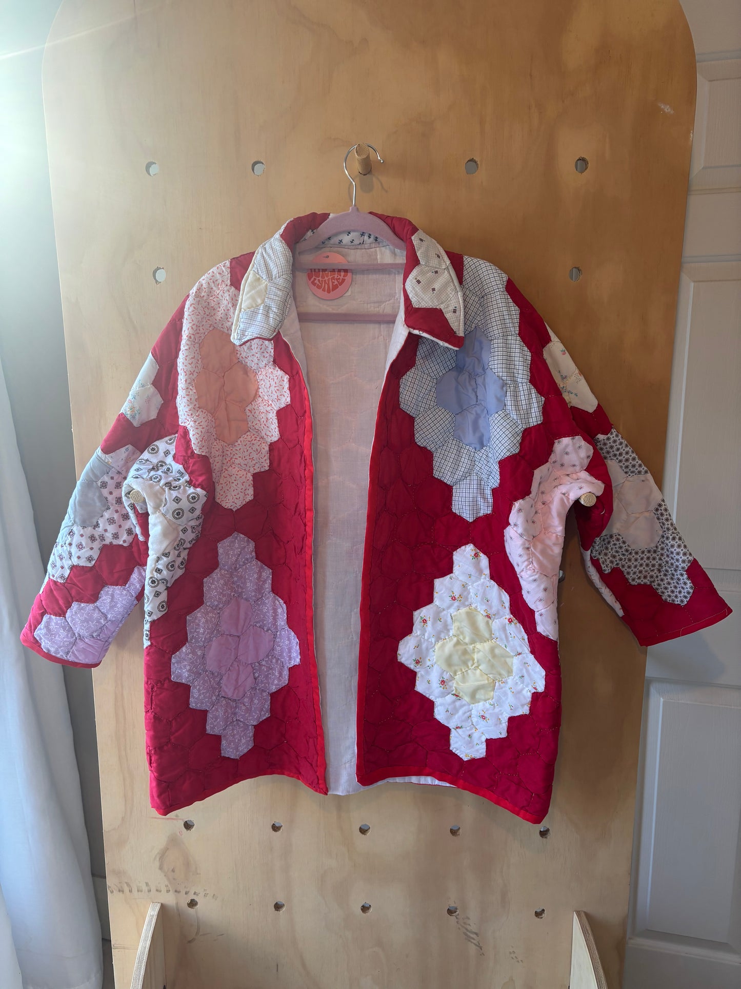 Red and Pastel Patchwork Diamond Quilt Coat