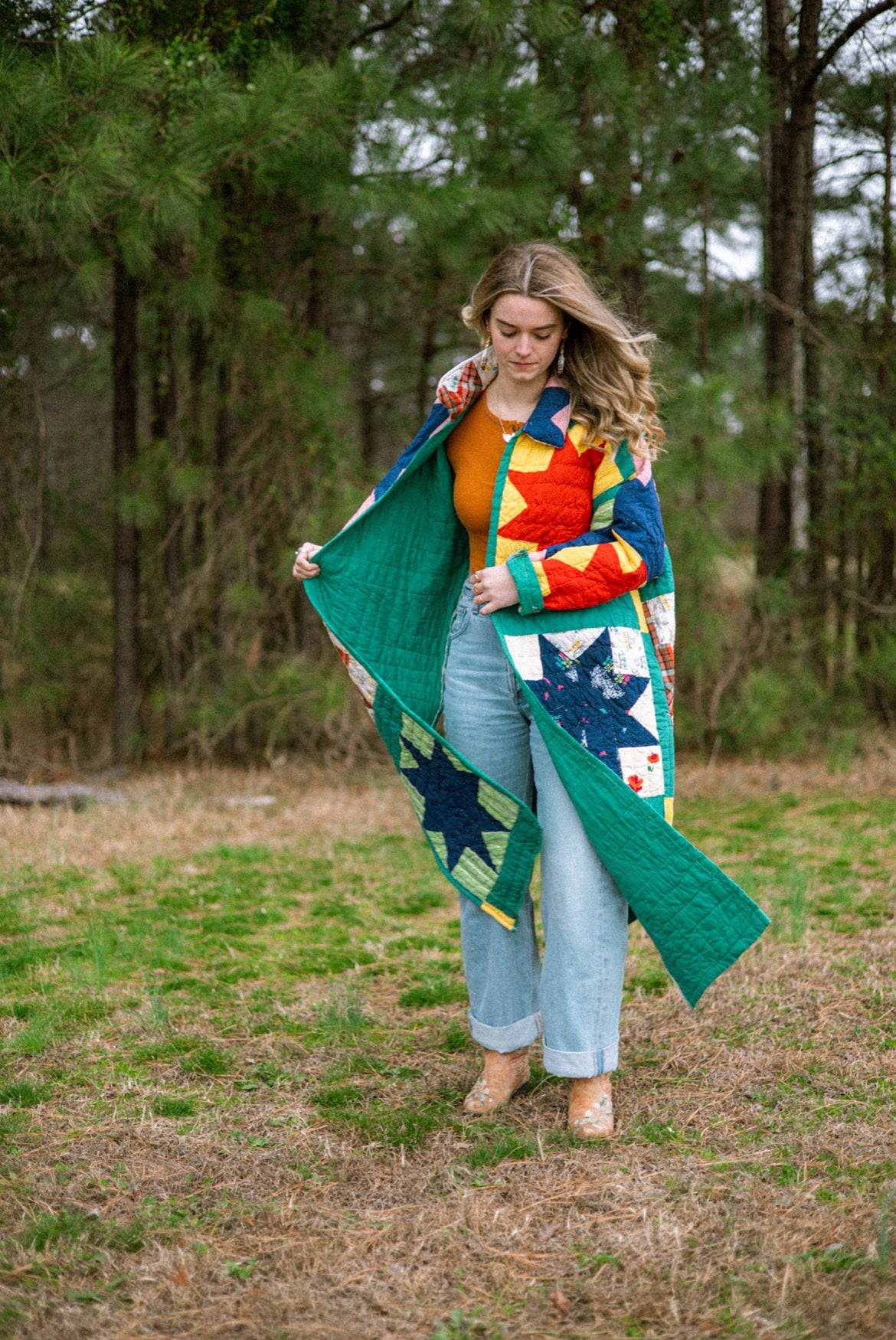 Green 8 point Star long Quilt Coat