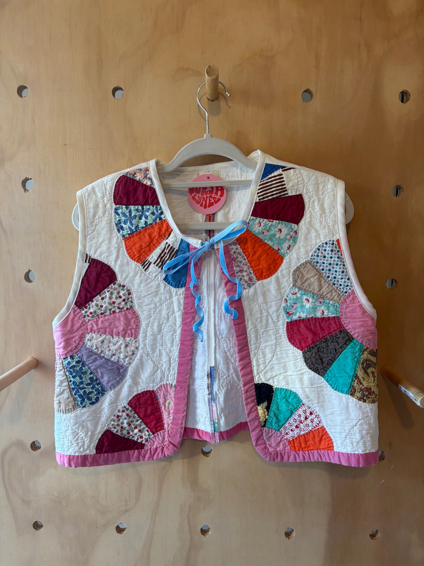 Vintage Flower Quilted Vest with Blue Bow