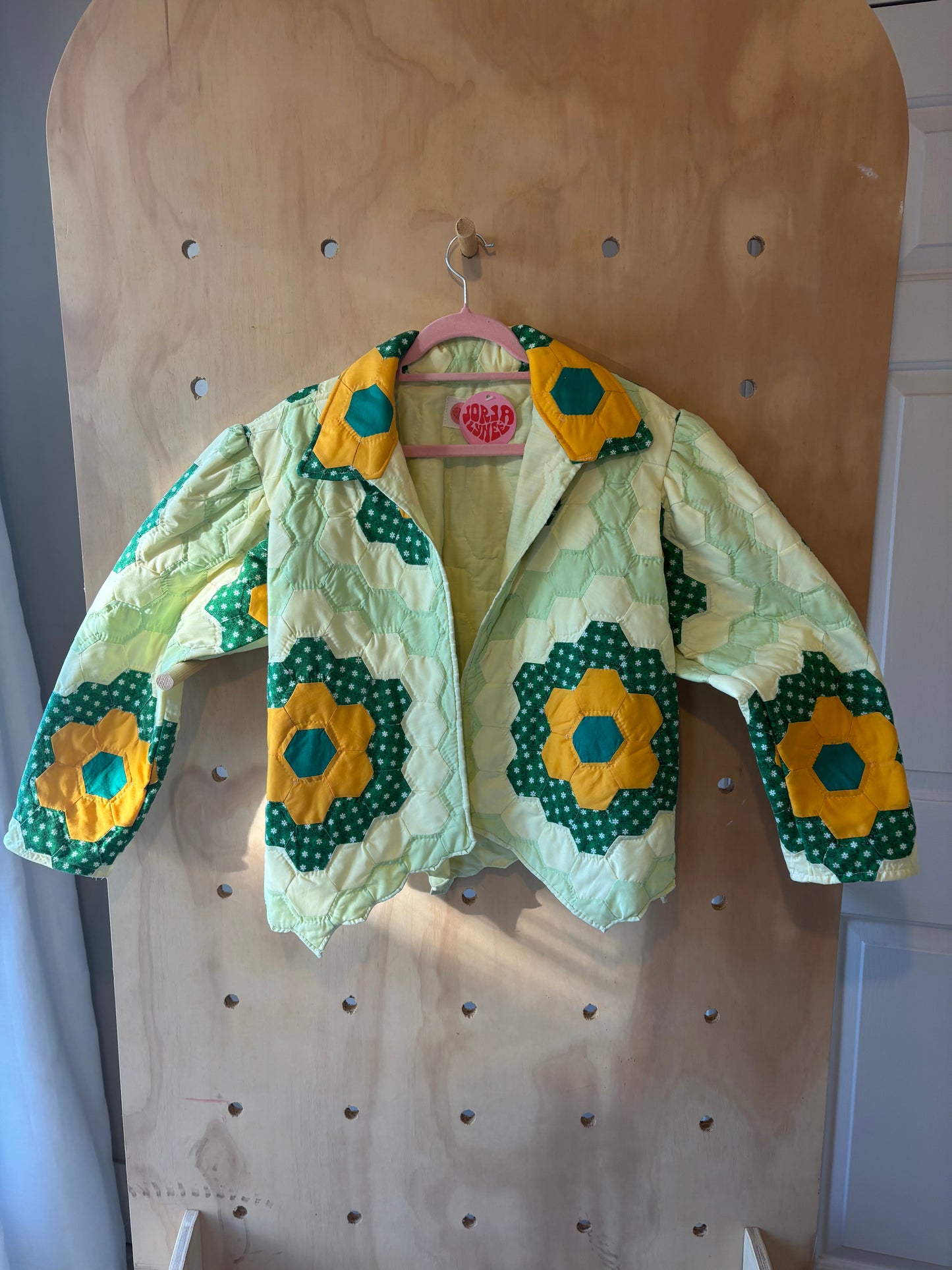 Green and Yellow Flower Cropped Quilt Coat