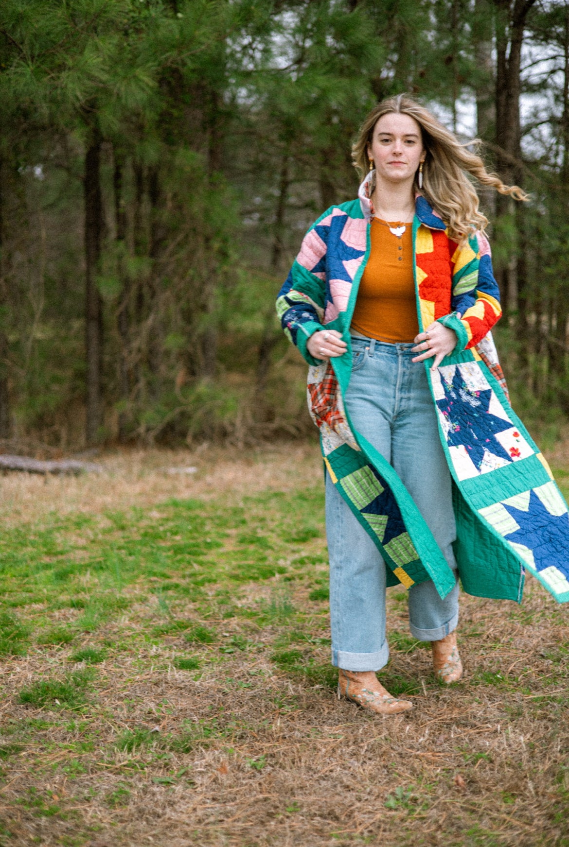Green 8 point Star long Quilt Coat