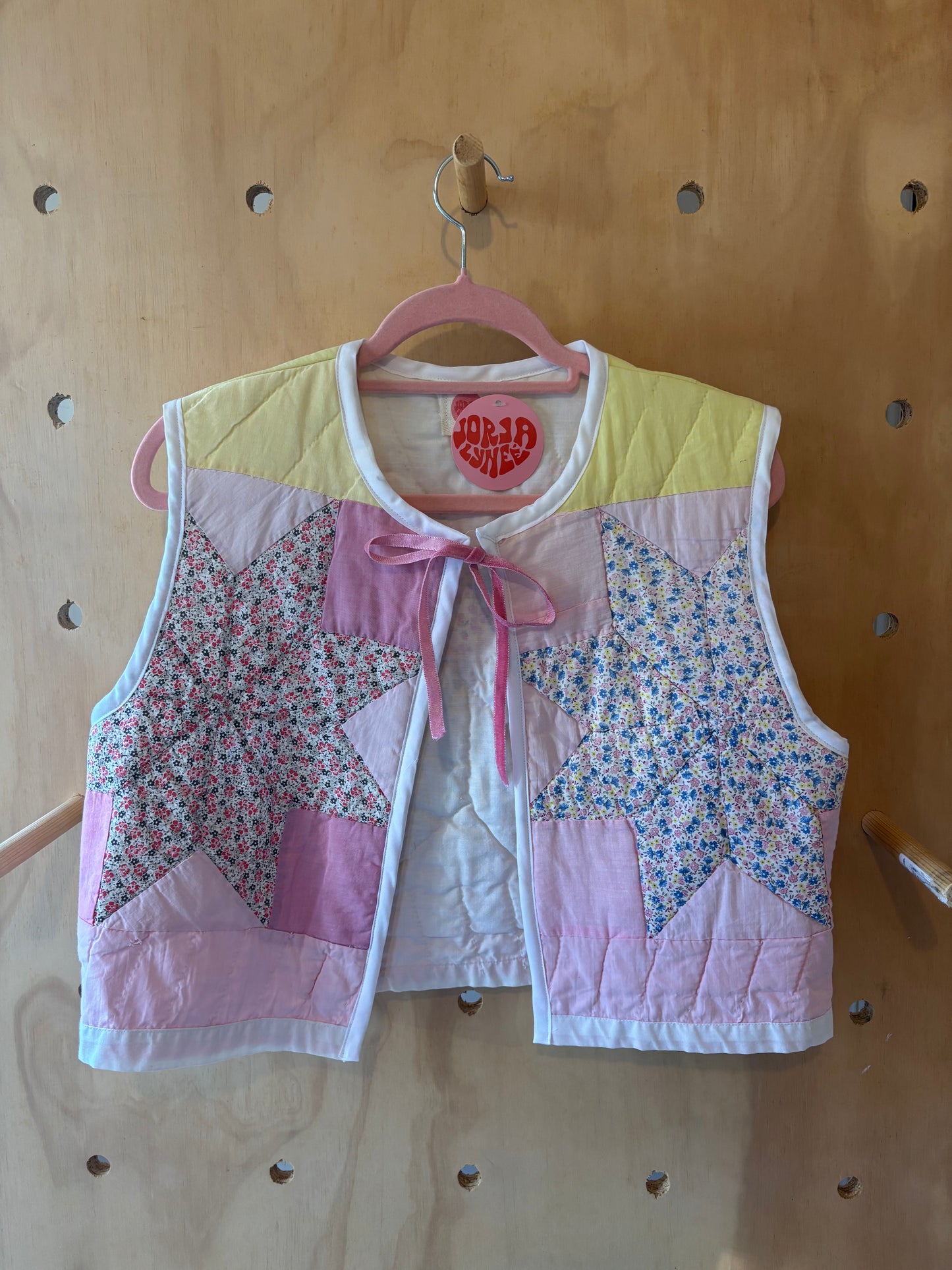 Pink and Yellow Star Quilted Vest with Pink Bow