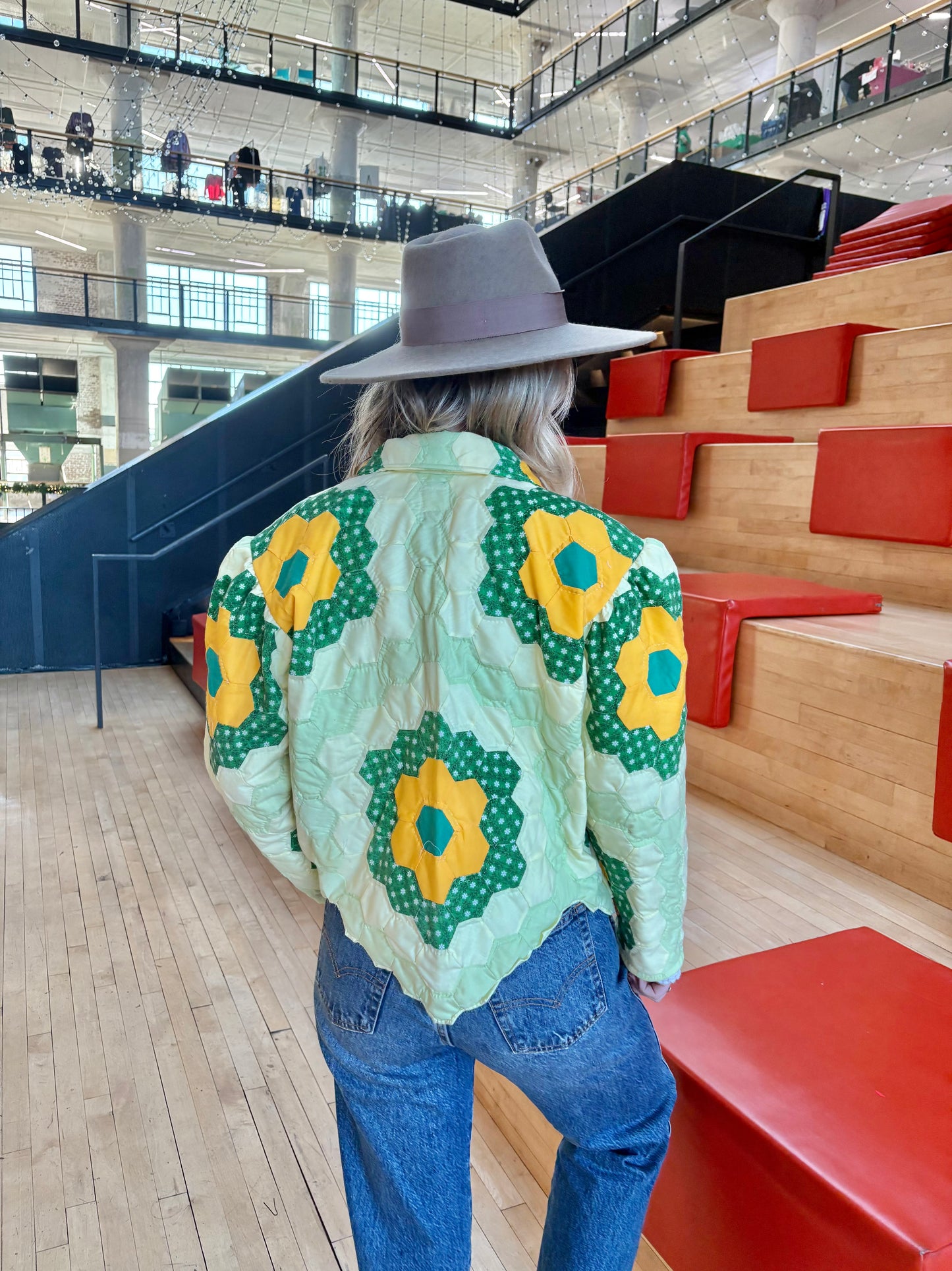 Green and Yellow Flower Cropped Quilt Coat
