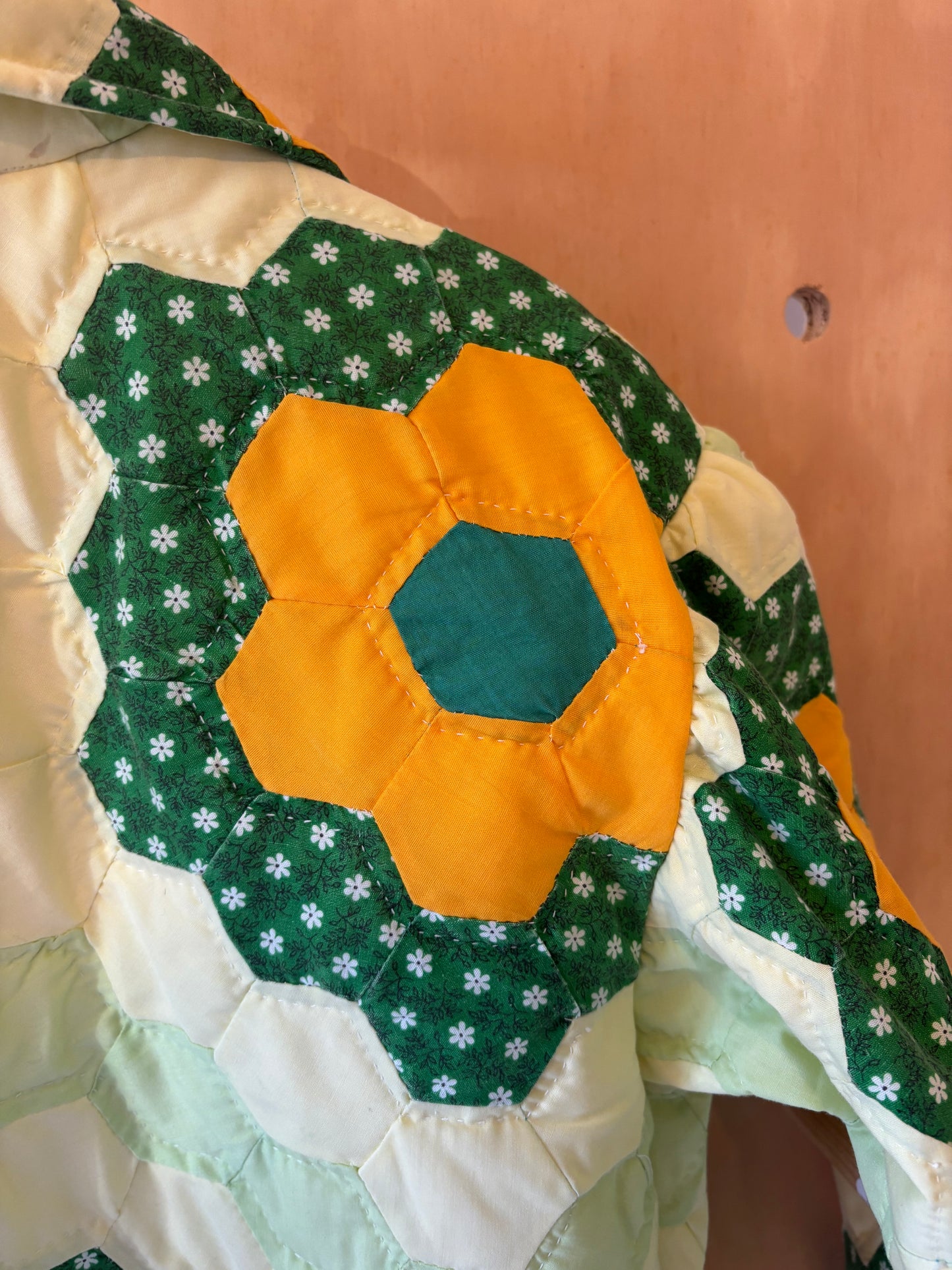 Green and Yellow Flower Cropped Quilt Coat