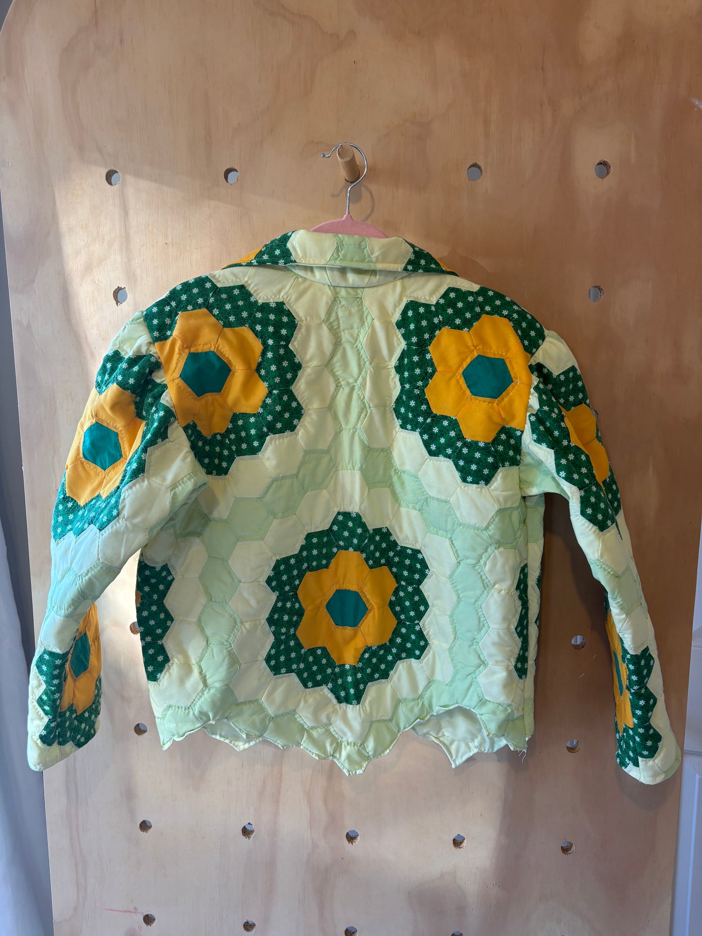 Green and Yellow Flower Cropped Quilt Coat