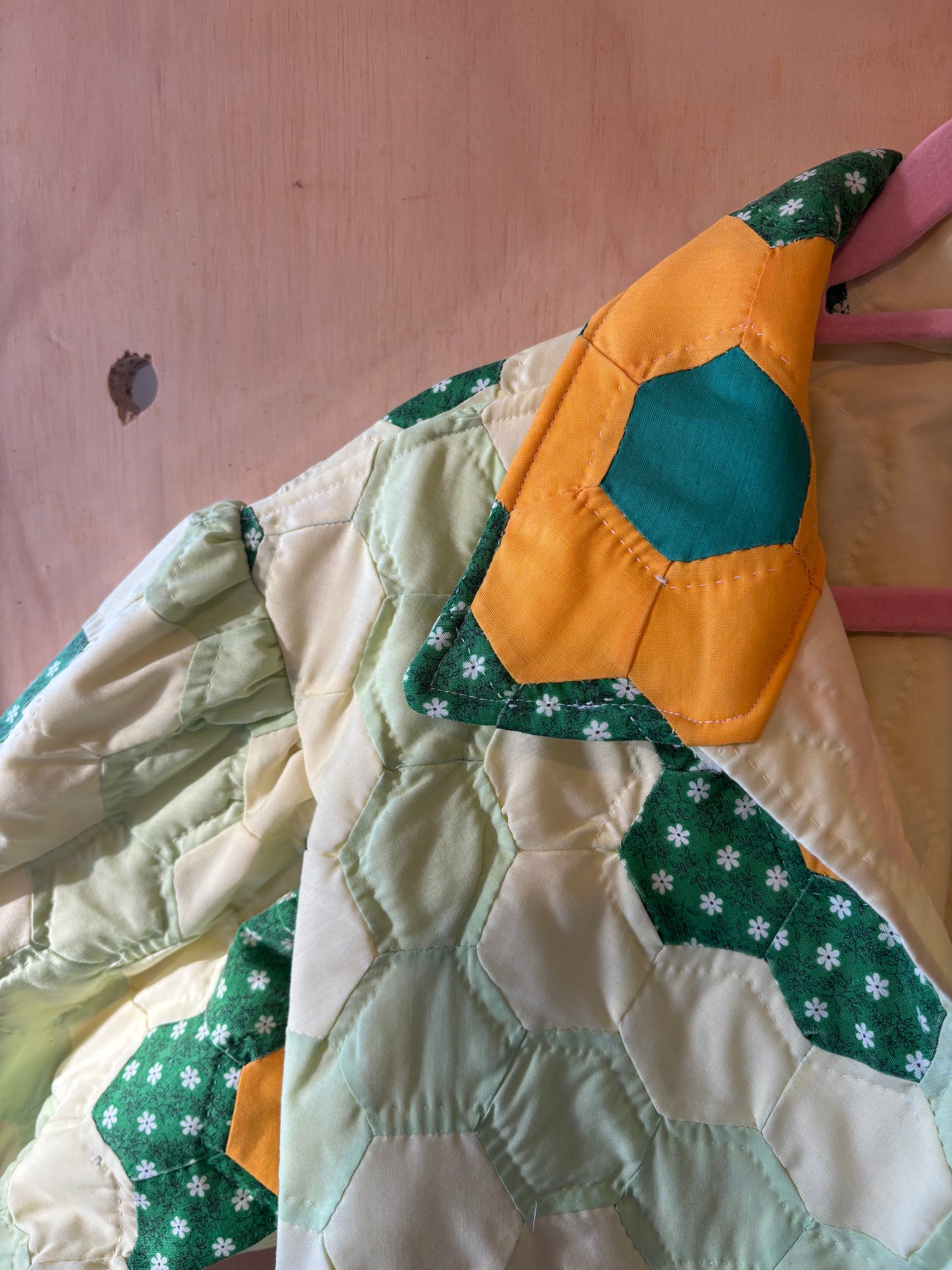 Green and Yellow Flower Cropped Quilt Coat