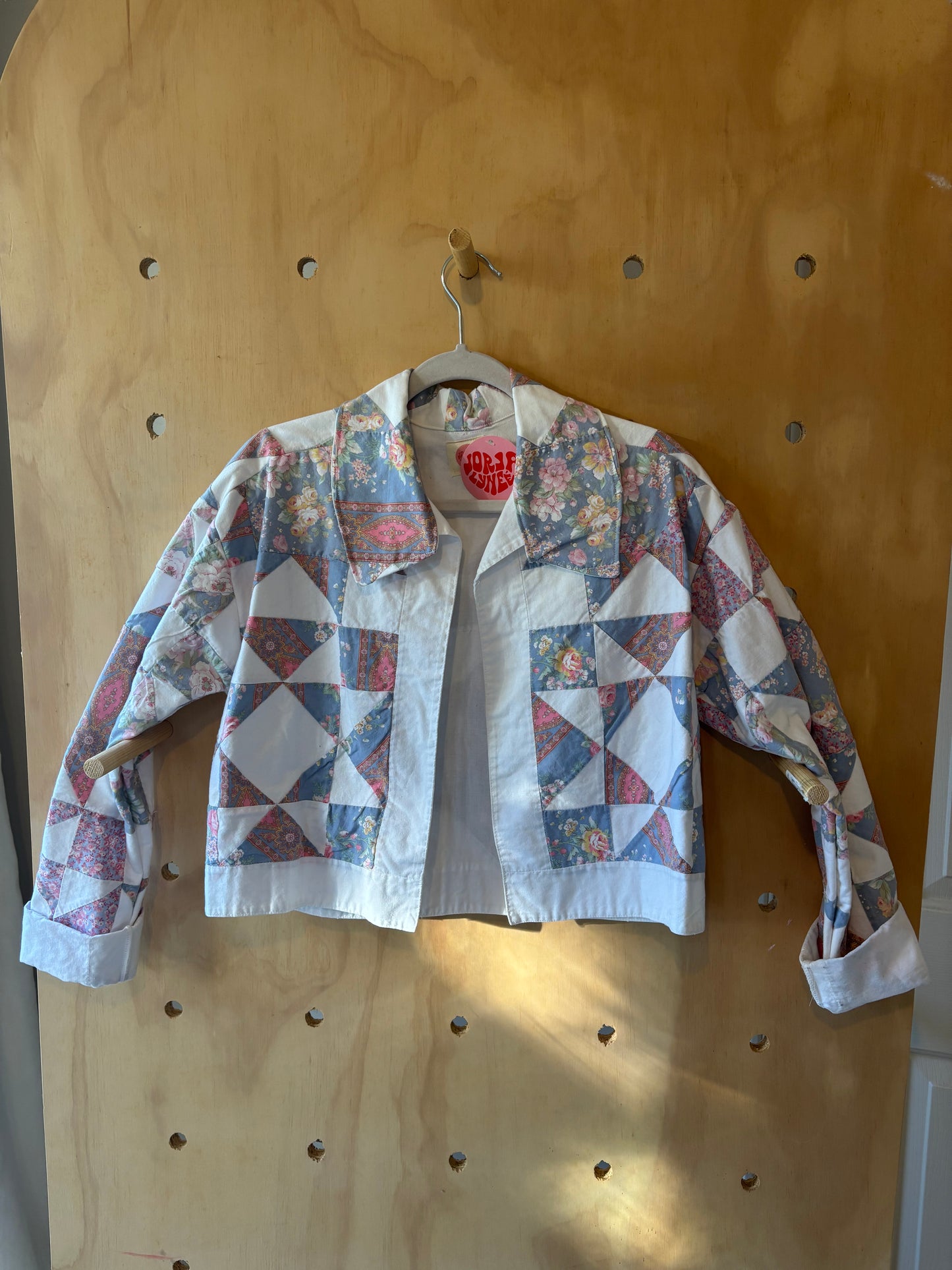Pink Rose Block work Cropped Quilt Coat