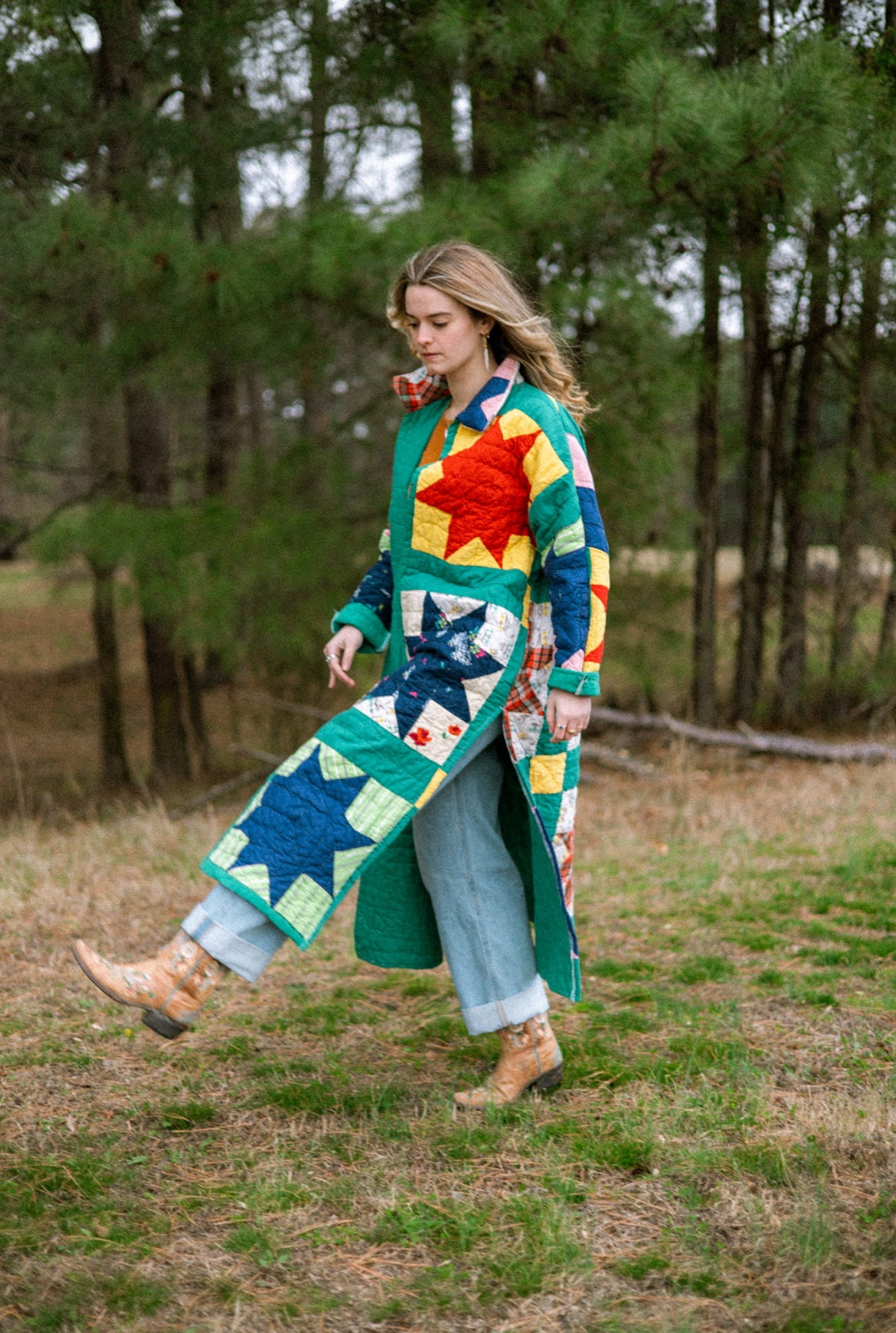 Green 8 point Star long Quilt Coat