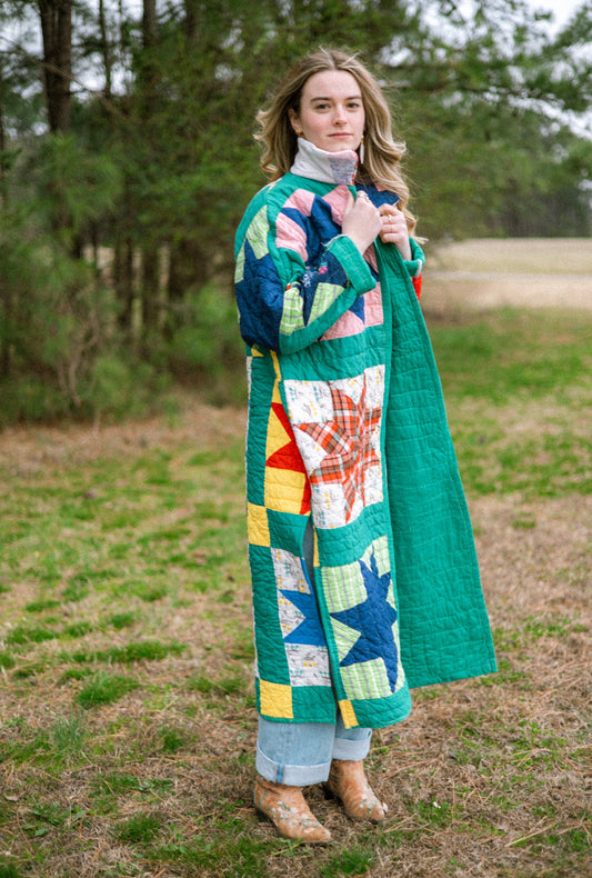 Green 8 point Star long Quilt Coat