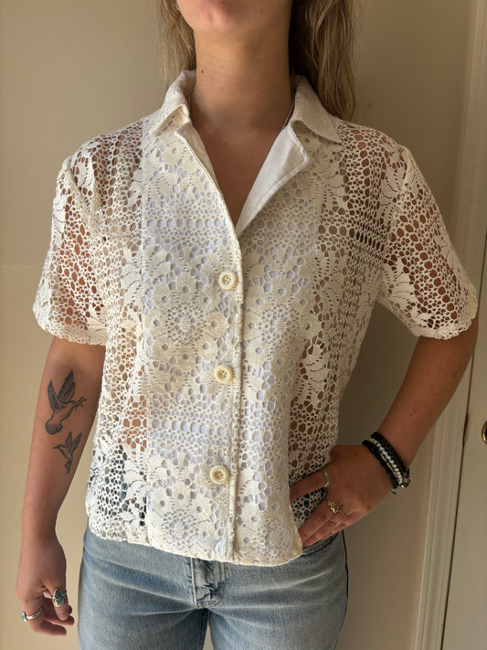 S/M Floral Block Print Lace button-down