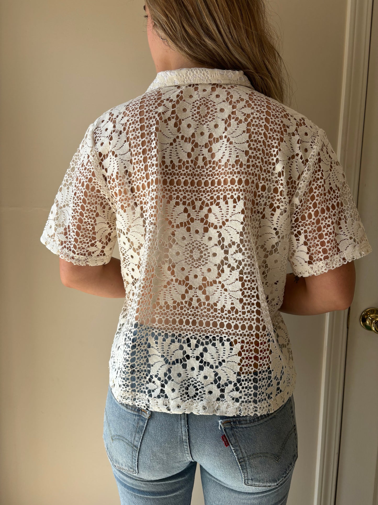 S/M Floral Block Print Lace button-down