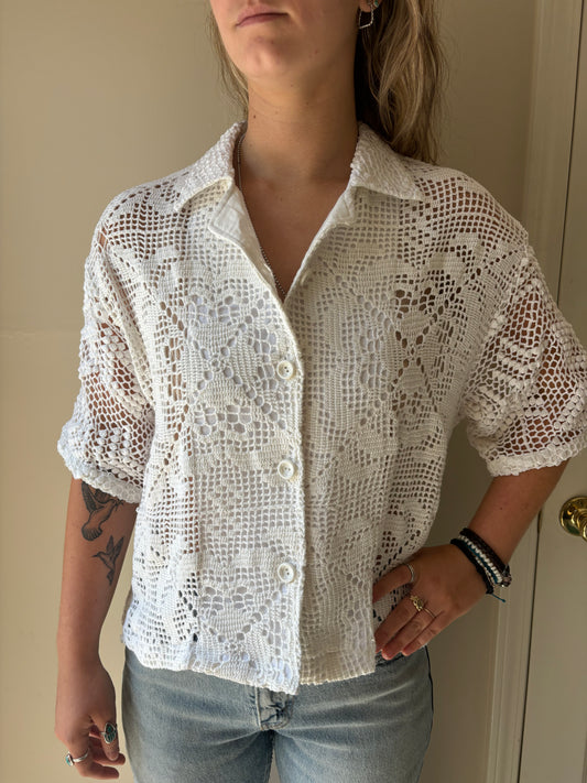 M/L Diamond Floral Design Crochet button-down