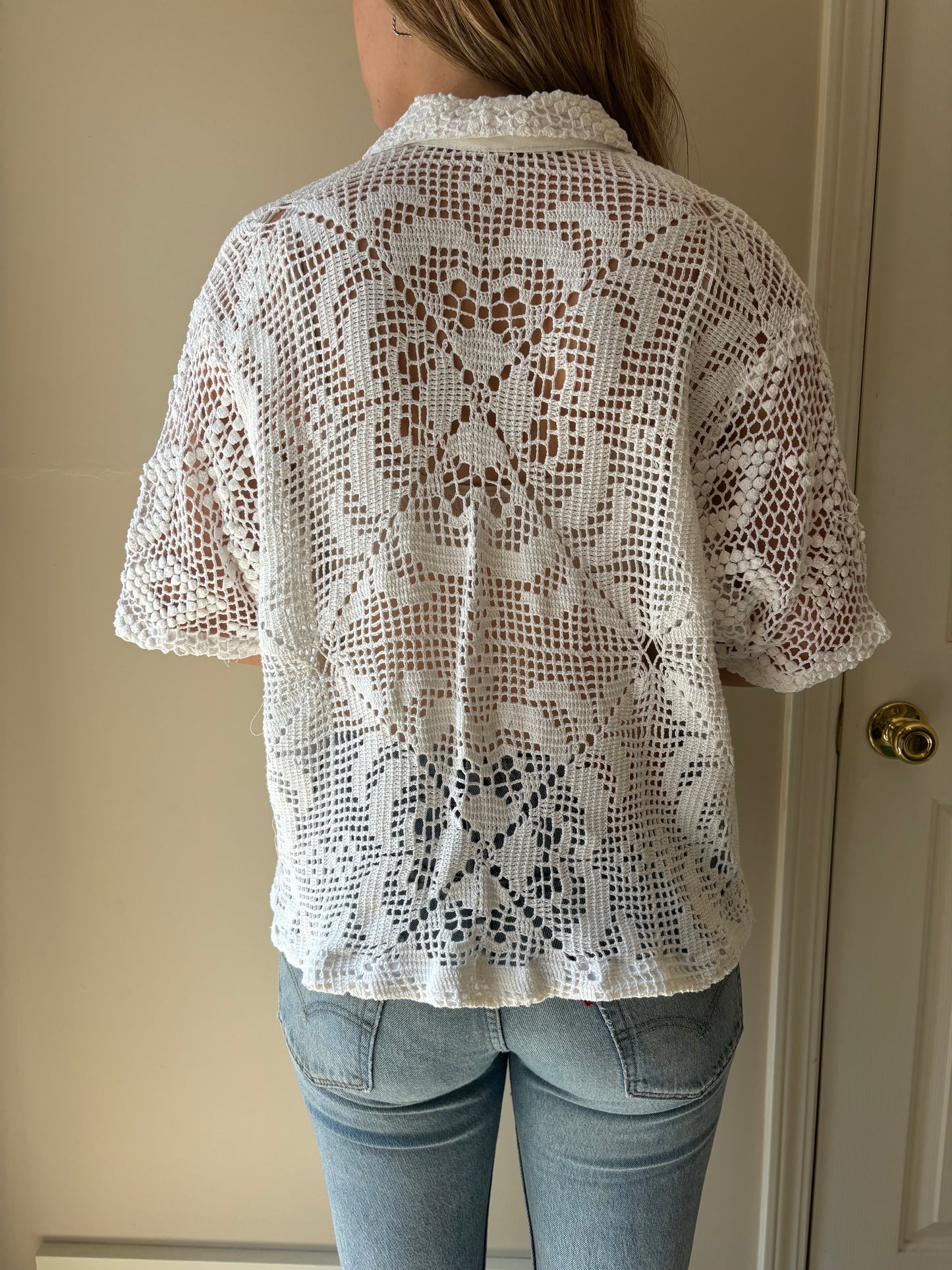 M/L Diamond Floral Design Crochet button-down