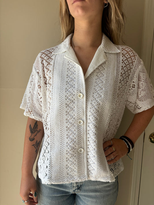 M/L Crochet Vertical and Arched Floral Design button-down