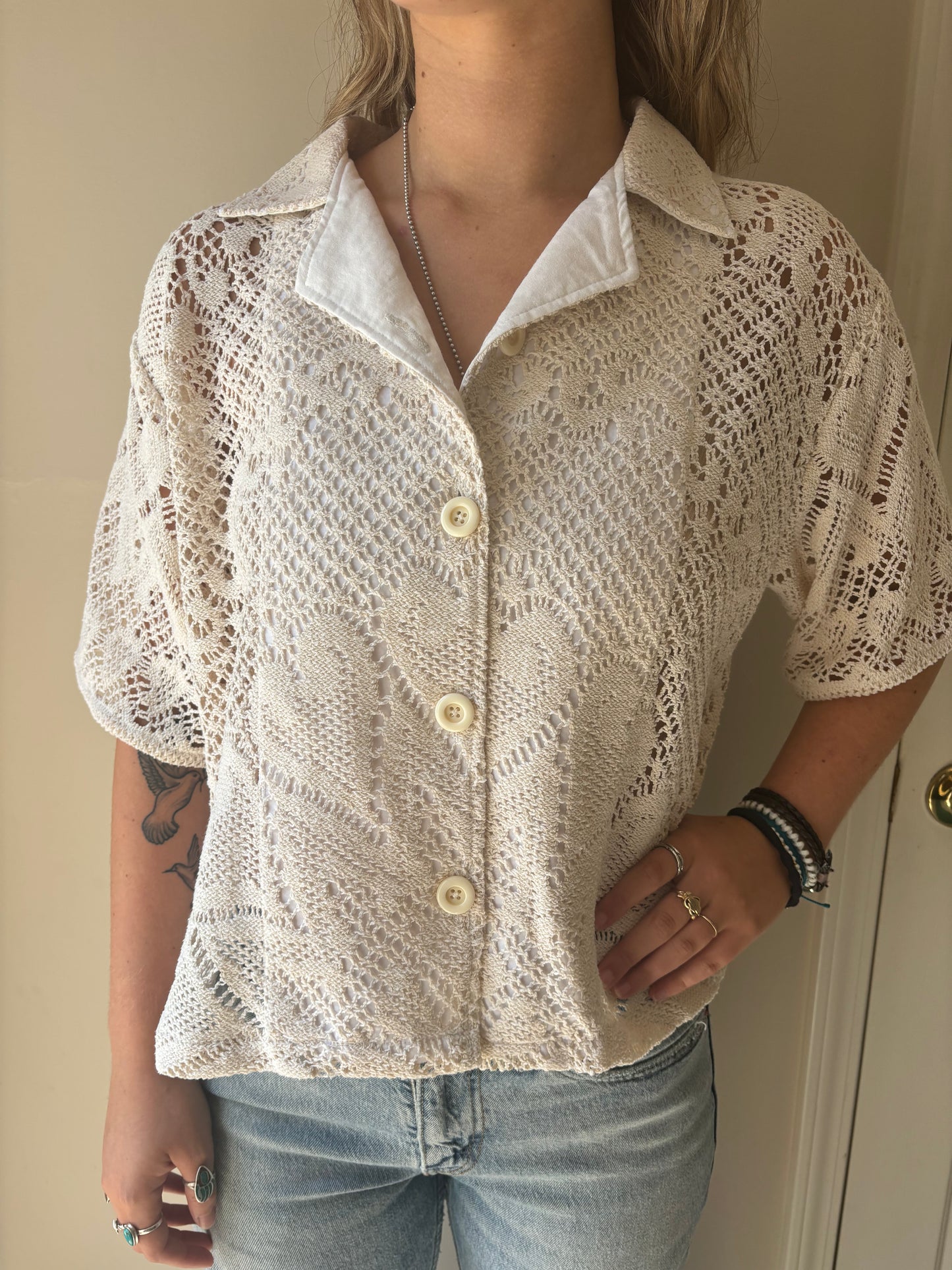 S/M Heart Crochet button-down